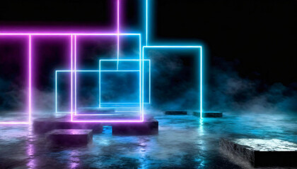 Horizontal High Resolution Photo of Glowing Neon Squares in a Smoke-Filled Dark Room. Perfect for Nightlife Backdrops, Cyberpunk Aesthetics, Retro Sci-Fi, Abstract Backgrounds, and Club Flyers.