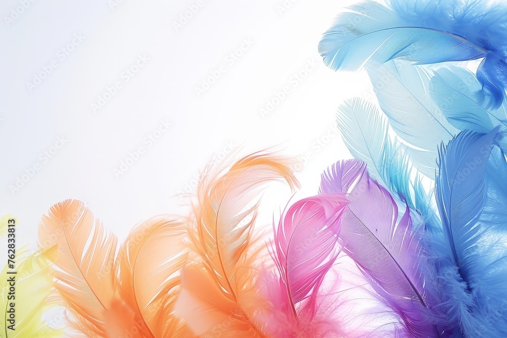 Poster a vibrant collection of colorful feathers dances gracefully on a pristine white backdrop, creating a