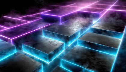 Horizontal High-Resolution Photo of a Glowing Blue and Purple Neon Maze in a Dark Room. Ideal for Cyberpunk Aesthetics, Retro Sci-Fi Backdrops, Abstract Backgrounds, and Tech Presentations.