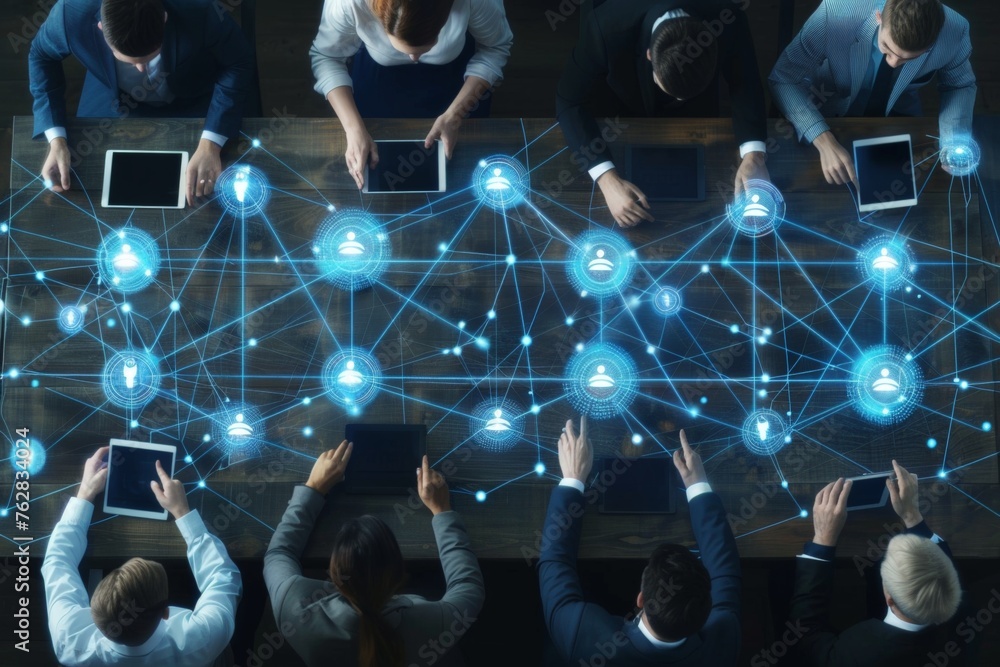 Poster A team collaborates around a table, digitally connected by a network of glowing nodes symbolizing data flow