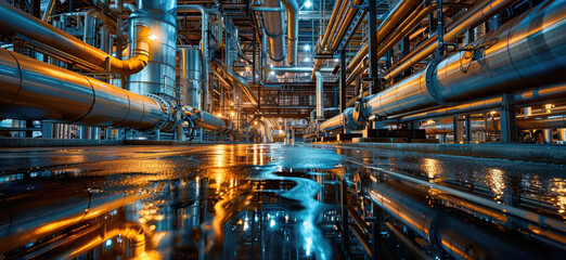A photo of an industrial plant interior with large pipes and machinery, representing the energy...