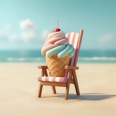 Ice cream with an island and beach chair - generated by ai - obrazy, fototapety, plakaty