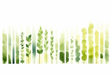 Abstract watercolor illustration of vertical green stripes resembling various simplistic plant forms