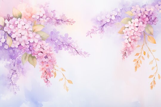 A vibrant painting featuring delicate purple wisteria  flowers on a crisp white background, capturing the essence of beauty and tranquility