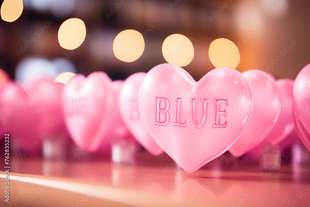Poster a whimsical row of pink heart-shaped balloon with the word blue written on them, creating a delightf