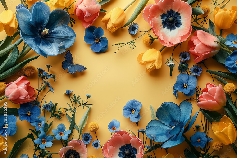Poster A vibrant array of flowers arranged neatly on a wooden table, showcasing a burst of colors and fragrances in a harmonious display