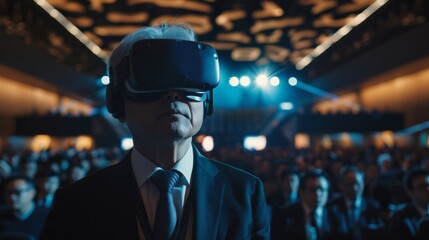 Businessman wearing VR glasses at a seminar - obrazy, fototapety, plakaty