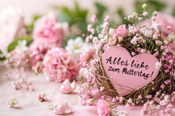 Happy mother's day in German card. A pink heart adorned with a touching message, nestled amidst a sea of delicate pink flowers in full bloom