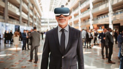 Businessman wearing VR glasses at a seminar