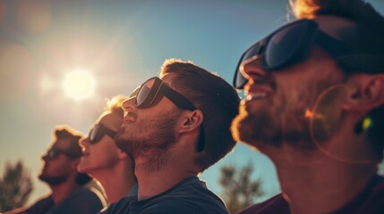 group of people observing the sky with dark glasses watching the solar eclipse in high resolution and high quality. astronomy concept - obrazy, fototapety, plakaty