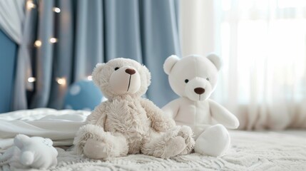 Teddy polar bear on the bed in a boy's room with elegant curtains