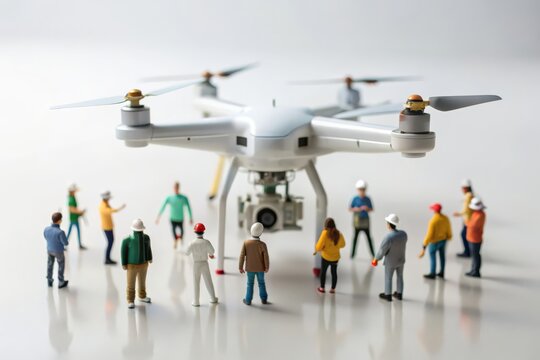 Miniature people. White background. Crew piloting a large drone for filming.