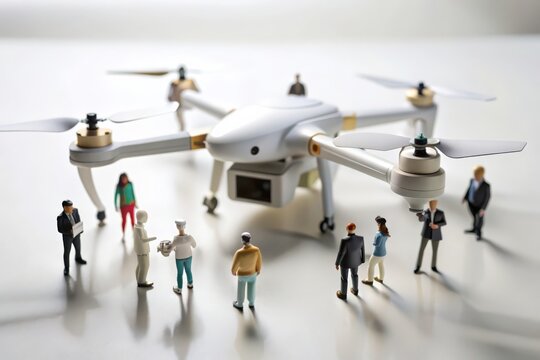 Miniature people. White background. Crew piloting a large drone for filming.