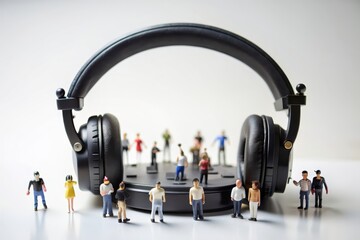 Miniature people. White background. DJ mixing music with giant headphones.