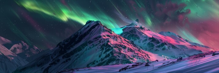 Mountaintop at night, where the aurora lights paint the sky in shades of green, purple and pink
