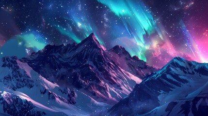 Mountain range at night as the aurora lights up the sky with vibrant colors