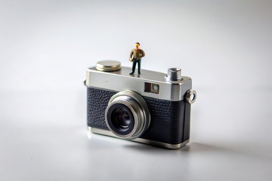 Miniature people. White background. Miniature model posing on a camera.