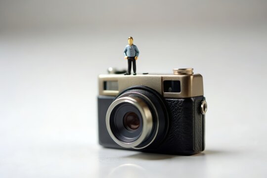 Miniature people. White background. Miniature model posing on a camera.