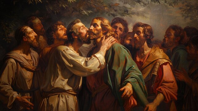 The kiss of judas: dramatic portrayal captures biblical betrayal, tension, and conflict as judas iscariot betrays jesus with a kiss, symbolizing spiritual depth and iconic christian symbolism