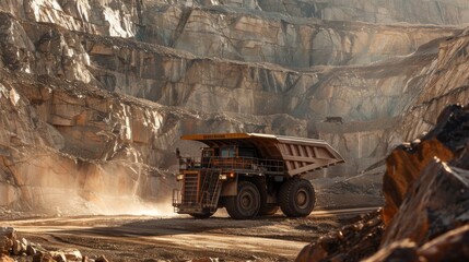 Fototapeta premium A mining truck drives through rocky terrain, with layered rock formations in the background