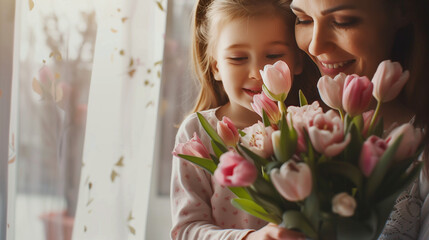 Happy mother receiving a beautiful pink bouquet from her daughter on mother's day