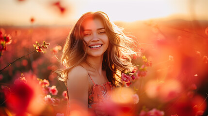 Blissful Serenity - Smiling Woman in Flower Field at Sunset