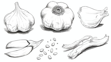 Garlic bulb and cloves with caption sketch style 