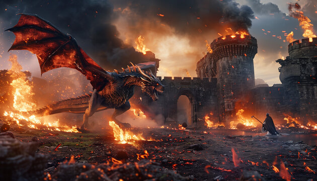 Grey wyvern with red eyes fighting a cloaked knight armed with a polearm on an ash covered courtyard 