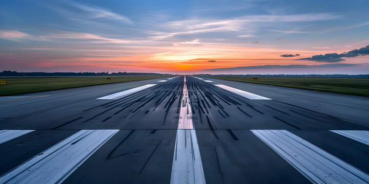 Dark and dramatic sky on a runway , The sunset with the airport runway in the distance  ,airport runway with distinct painted lines and sunset in the background  