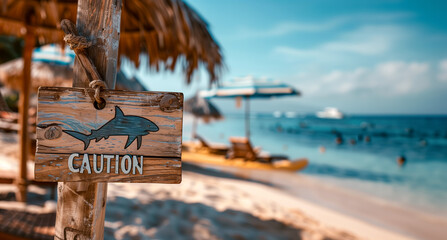 Beachside Caution Sign Warning of Sharks Against Tropical Backdrop