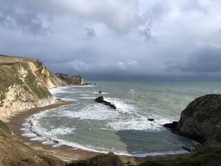 Rocks off the Dorset coast at Man O'War Cove, Dorset, England, United Kingdom