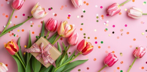Colorful tulips with a gift box and confetti on a pink