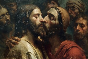 The kiss of judas: dramatic portrayal captures biblical betrayal, tension, and conflict as judas iscariot betrays jesus with a kiss, symbolizing spiritual depth and iconic christian symbolism