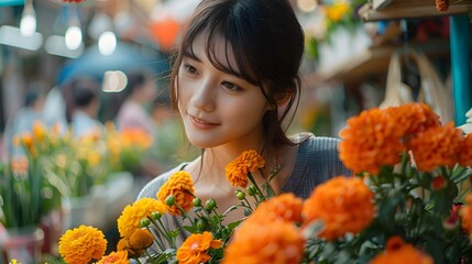 笑顔で花を見つめる女性