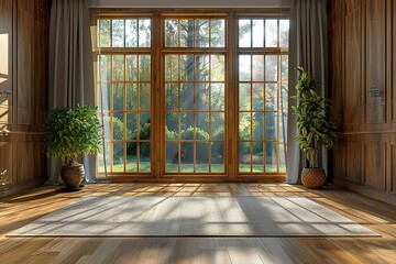 Fototapeta premium Beautiful background for Minimalistic light background with blurred foliage shadow on a beige wall, 3D scene of an open window with pattern in window with shadow, Abstract color