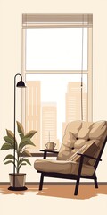 comfortable reading nook with an armchair and floor lamp, against a backdrop of city buildings