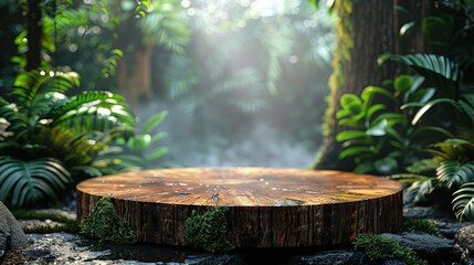 product presentation Wooden podium in tropical forest for  copy space for text 