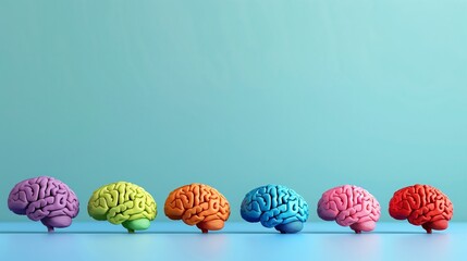 Seven vibrant brain models displayed in a row against a pale blue background, each representing different stages of cognitive development or aspects of neurological diversity