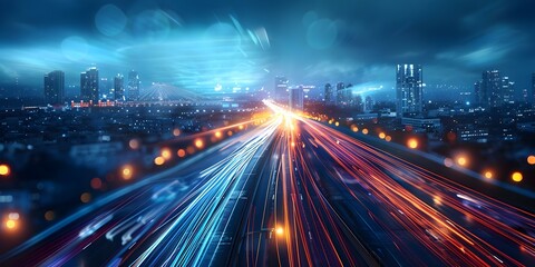 Fototapeta na wymiar Blurry cityscape with streaks of light on a highspeed digital highway. Concept Urban landscapes, Light trails, High-speed highways, Blurry cityscape, Digital photography