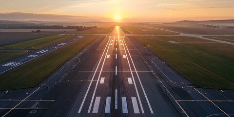  Empty airport runaway with braking and maneuvering marks, designation  and all navigation lights on at the colorful sunset, clear for airplane landing or taking off in Wroclaw airport background  