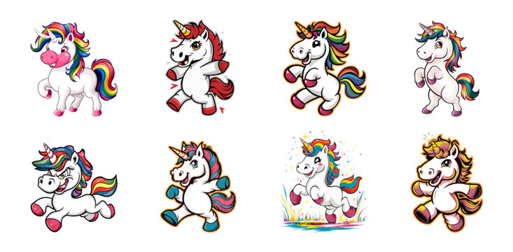 Playful rainbow unicorn, Vibrant mascot vector illustration for T-shirt. Generative AI.