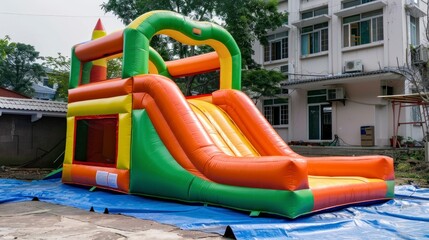 colorful inflatable games for children in front of a house