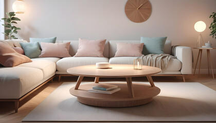 Round wood coffee table white sofa home interior design of modern living room 5