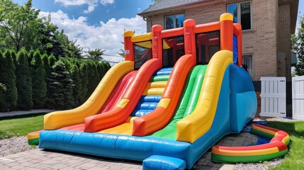 colorful inflatable games for children in front of a day house - obrazy, fototapety, plakaty