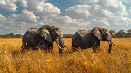 Two African Elephants With Textured Gray Skin Walk Side by Side in a Field of Tall Golden Grass...