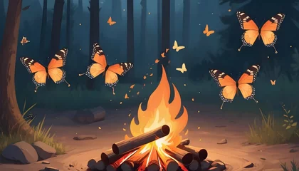 Afwasbaar Fotobehang Grunge vlinders Butterflies Fluttering Around A Campfire Upscaled