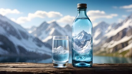 A bottle and a glass of crystal water are being poured against a background of snowy mountains in a blurry environment. organic, unadulterated natural water. wholesome, revitalizing beverage