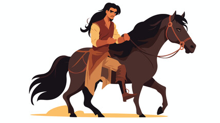 Gypsy man with black long hair strokes the horse 