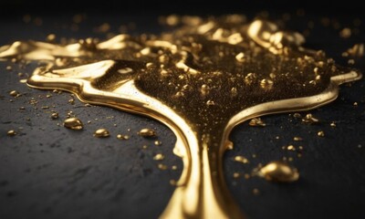 golden paint flows down a black background, golden liquid drips