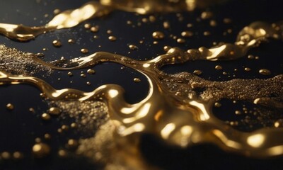golden paint flows down a black background, golden liquid drips